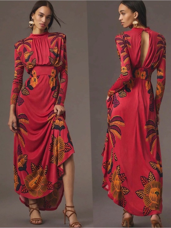 FARM Rio Dresses & Skirts - Elegant Red Floral Long-Sleeve Maxi Dress